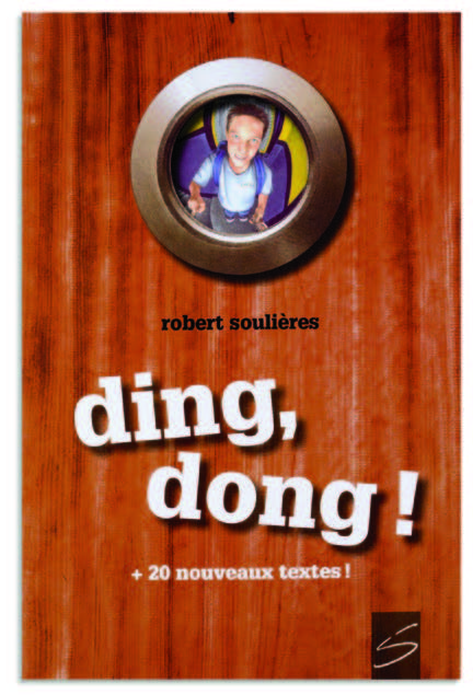 Illustration de la couverture du livre Ding, dong! qui montre une porte en bois. Un homme paraît dans le judas de la porte.