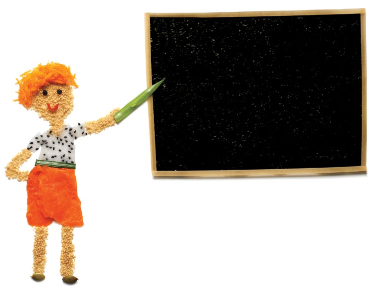 Illustration d’une enseignante créée à partir d’aliments tels des fruits de la passion, une pointe d’asperge, des carottes râpées et des graines de sésame.