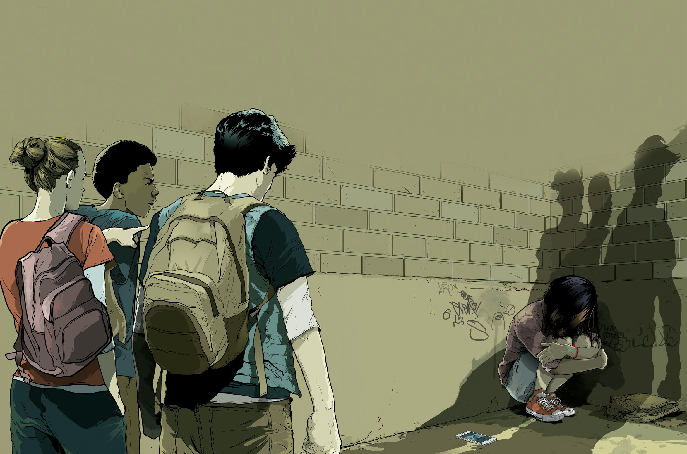 Illustration de trois adolescents avec sac à dos, en colère. Ils marchent le long d’un mur de briques; l’une pointe du doigt devant elle.
