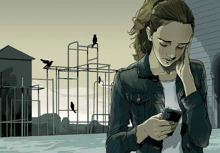 Illustration d’une adolescente qui tient un téléphone cellulaire. Elle semble préoccupée. Un terrain de jeu abandonné et des corneilles figurent à l’arrière-plan.