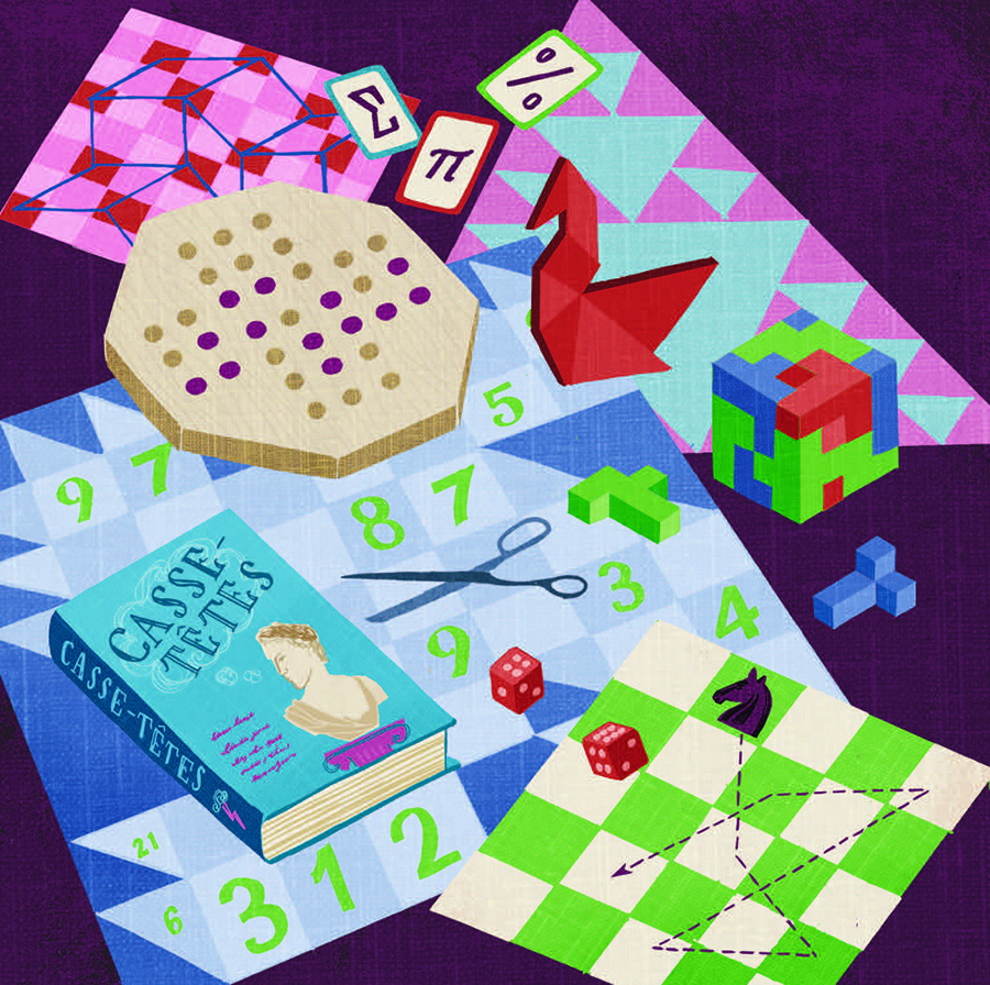 Illustration de jeux de société comme des casse-têtes, un jeu d’origami, un bloc de Rubik, des dés, des ciseaux.