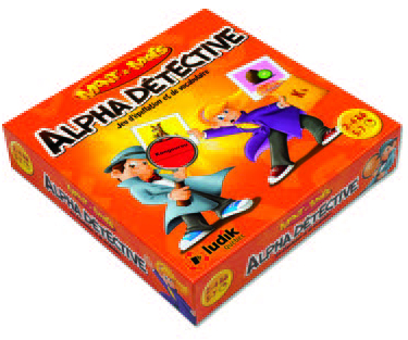 Illustration de la couverture des jeux Monts-à-Mots Alpha détective où figurent deux personnages dont un détective et une fille donnant des indices.