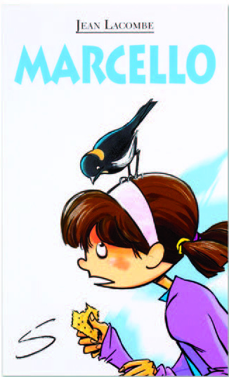 Illustration de la couverture de l’histoire Marcello où figurent une petite fille tentant de manger un craquelin et un goglu perché sur sa tête.