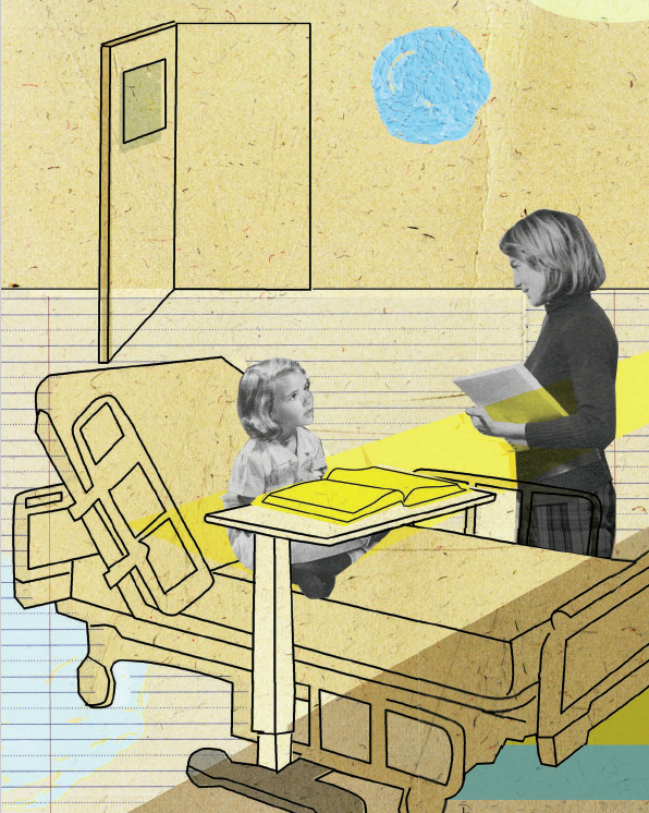 Photo illustrée d’une enfant assise dans un lit d’hôpital. Un livre est ouvert sur la table de lit. Un rayon de lumière jaune provenant d’une école à l’arrière-plan traverse l’image et illumine les pages du livre. Une enseignante debout à côté du lit, en face de l’enfant, tient un livre dans ses mains et parle à l’enfant.