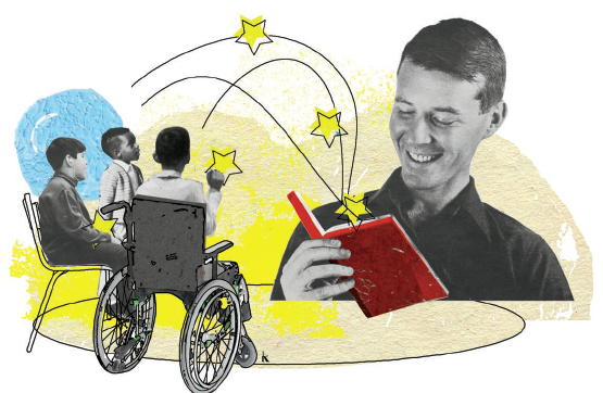 Photo illustrée d’un enseignant lisant un livre à trois élèves. Un des élèves est assis dans un fauteuil roulant. Des étoiles jaunes semblent jaillir du livre.