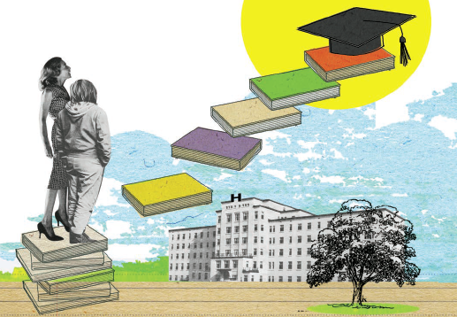 Photo illustrée d’une enseignante et d’une élève debout sur une pile de livres. Un escalier flottant mène à un chapeau de diplômé. Les marches sont faites de livres. Une école et un arbre sont à l’arrière-plan.