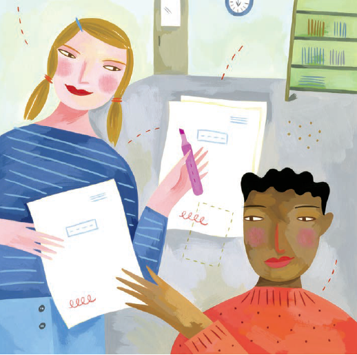 Illustration d’une enseignante et d’un élève. Elle corrige le travail d’un élève. L’élève donne une feuille à l’enseignante.
