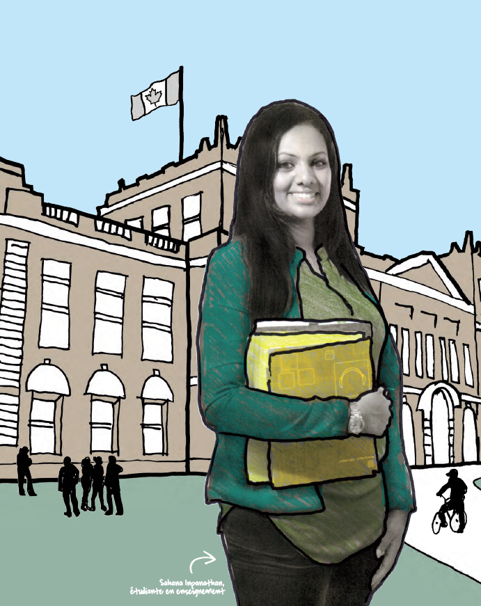 Photo illustrée de Sahana Inpanathan, étudiante du programme de formation à l’enseignement prolongé, souriante, debout en face d’une université.