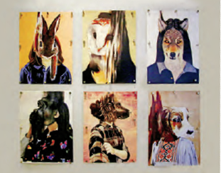 Photo de travaux artistiques exposés dans les bureaux de l'Ordre. Intitulée «L'animal en moi», la série représente divers animaux aux caractéristiques humaines.