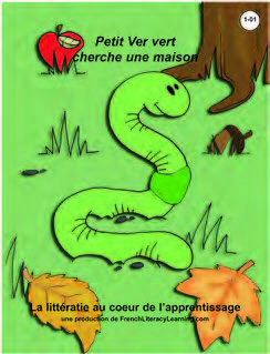 Image de la couverture du livre «Petit Ver vert cherche une maison». L'image de couverture est l'illustration d'un ver vert souriant qui se déplace sur le gazon. 
