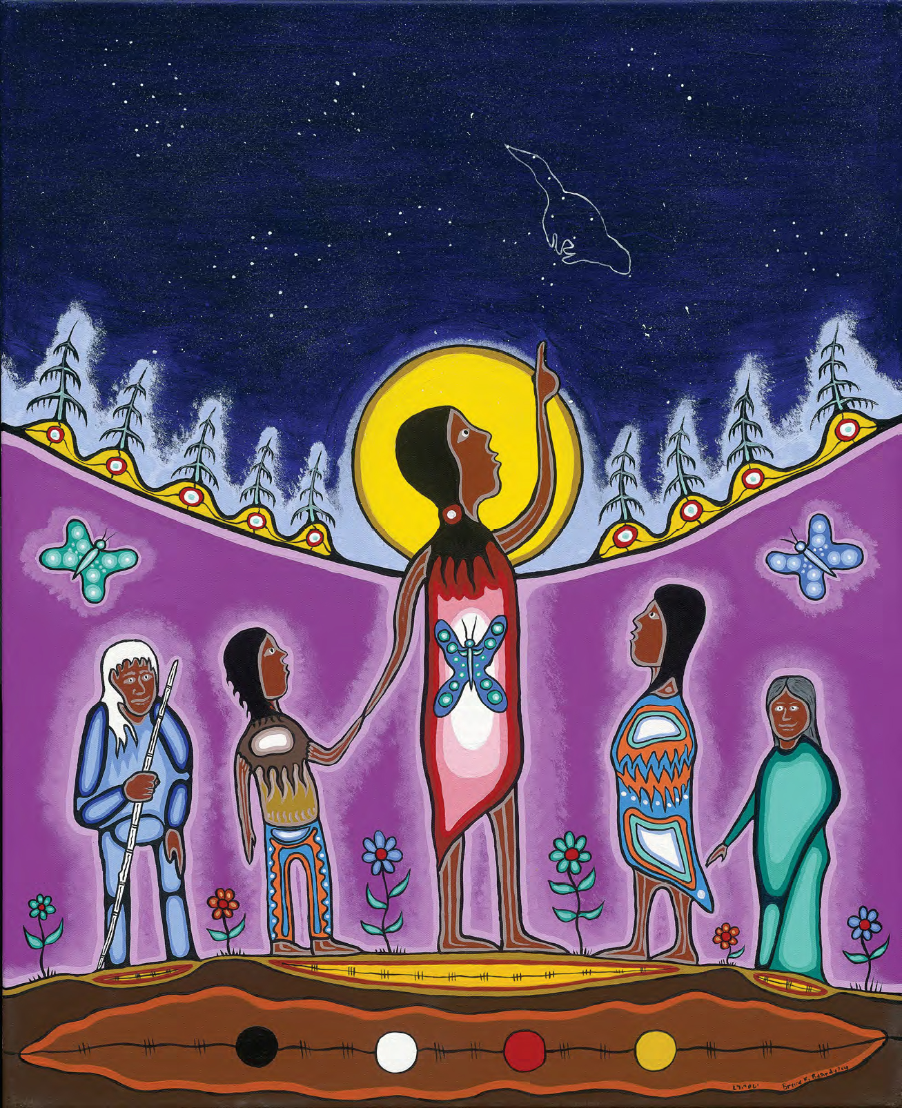 Création artistique anishinaabe de Bruce Beardy, enseignant agréé de l'Ontario, représentant quatre personnes à l'avant-plan. La cinquième et plus grande personne, au centre, pointe du doigt une constellation dans un ciel nocturne.