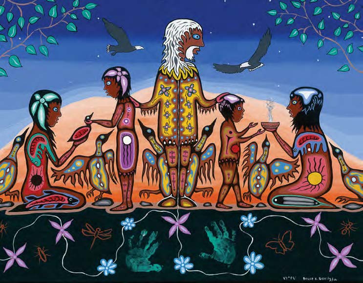 Création artistique anishinaabe de Bruce Beardy, représentant cinq personnes entourées de plusieurs types d'oiseau au sol et de deux aigles dans le ciel