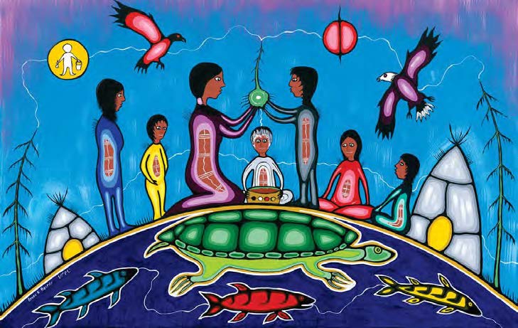 Création artistique anishinaabe de Bruce Beardy, représentant sept personnes à l'avant-plan, entourées d'animaux sauvages, y compris une grande tortue, des poissons et des oiseaux
