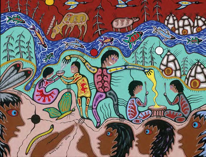 Création artistique anishinaabe de Bruce Beardy, représentant un groupe de personnes entourées d'animaux sauvages. La plus grande personne, au centre, fait des gestes en direction d'un orignal.