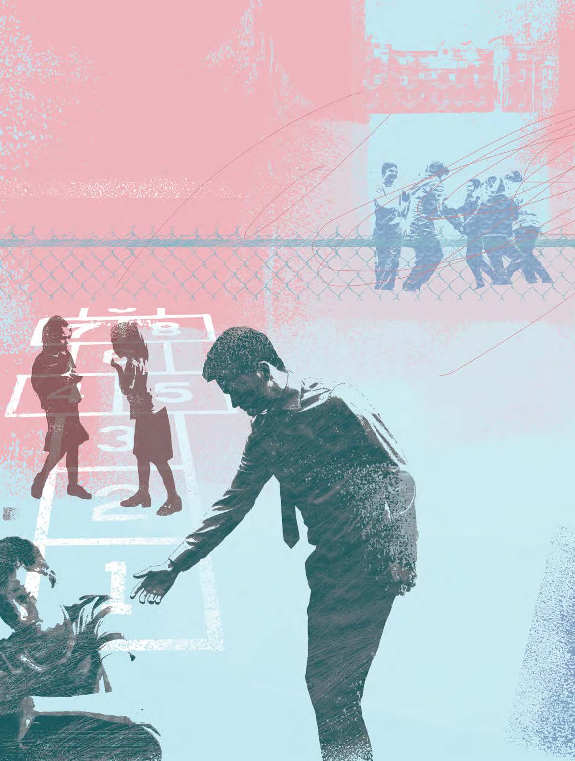 Image composée de plusieurs scènes représentant des enfants qui discutent dans la cour d'une école