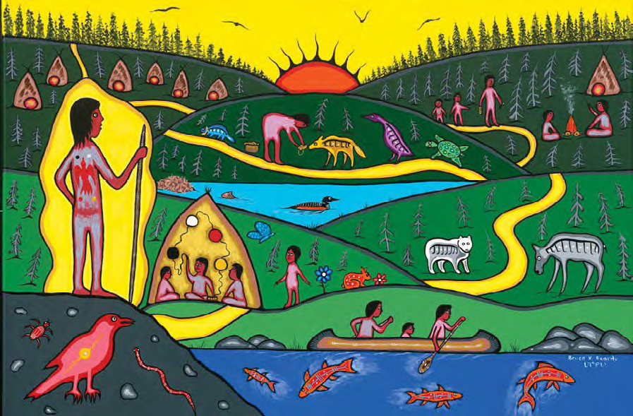 Création artistique anishinaabe de Bruce Beardy, représentant un paysage avec une personne à l'avant-plan, des animaux sauvages et d'autres personnes qui s'adonnent à diverses activités