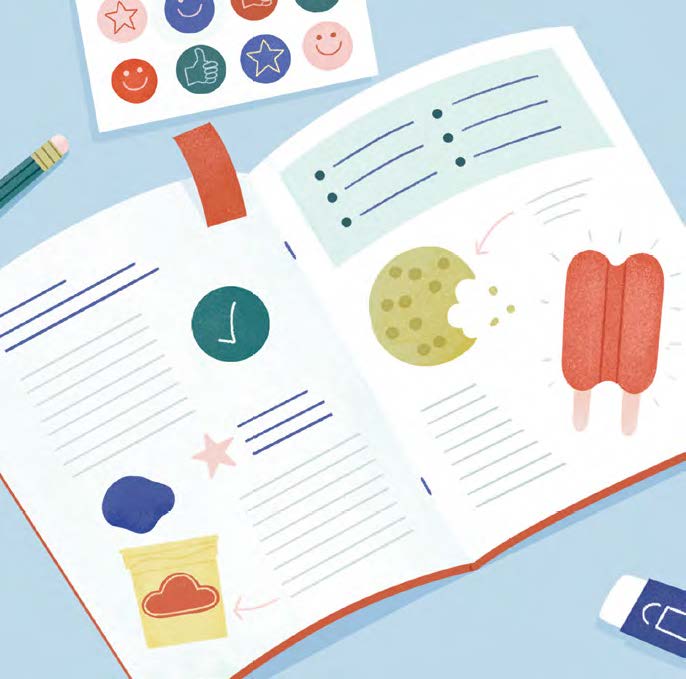 Graphique représentant un cahier d'élève, ouvert, avec des illustrations d'aliments