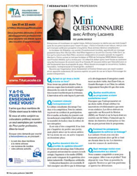 Vignette d’un article du numéro de juin de Pour parler profession intitulé «Mini questionnaire avec Anthony Lacavera»..