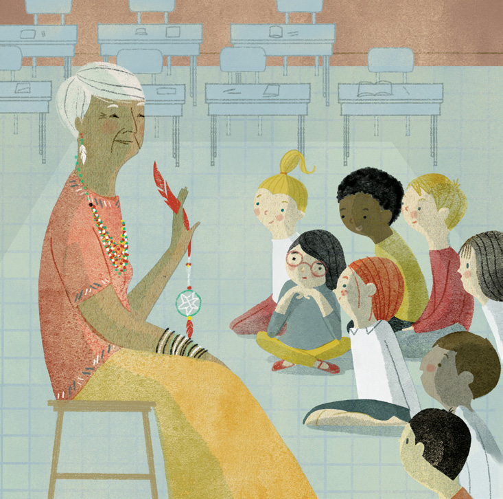 Illustration d'une classe d'élèves écoutant la présentation d'une enseignante tenant dans sa main un objet revêtant une signification particulière pour une communauté autochtone.
