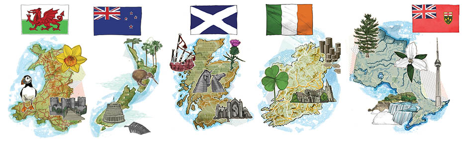 Illustration des drapeaux du Pays de Galles, de la Nouvelle-Zélande, de l’Écosse, de l’Irlande et de l’Ontario, au-dessus d’illustrations de représentations géographiques de ces territoires de compétence.