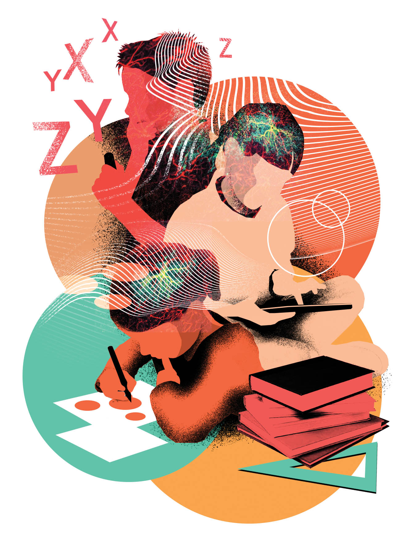 Illustration de trois élèves en train d’apprendre.