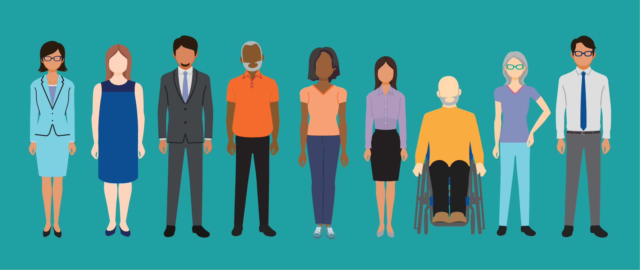Illustration d’un groupe diversifié de personnes debout, en rang.