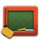 Une icône représente l’application «My Class Schedule» par un tableau vert dans un cadre orange. Deux bouts de craie et une brosse à effacer font également partie de l’image.