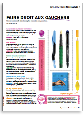 Illustration de l’article «Faire droit aux gauchers» qui montre un taille-crayon, une règle, des stylos et un agenda conçus pour les gauchers.