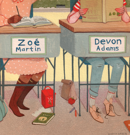 Illustration de deux élèves assis à leurs pupitres. Le nom des élèves est inscrit sur chaque pupitre : Zoé Martin et Devon Adams. L’élève de gauche pose son crayon sur la page d’un cahier et lève sa main. L’élève de droite tient un livre ouvert, à la verticale, entre ses mains. Le visage des élèves ne fait pas partie de l’illustration. Un sac brun, une pomme, des crayons, un livre, une feuille de cahier et un sac-repas sont éparpillés aux pieds des élèves.