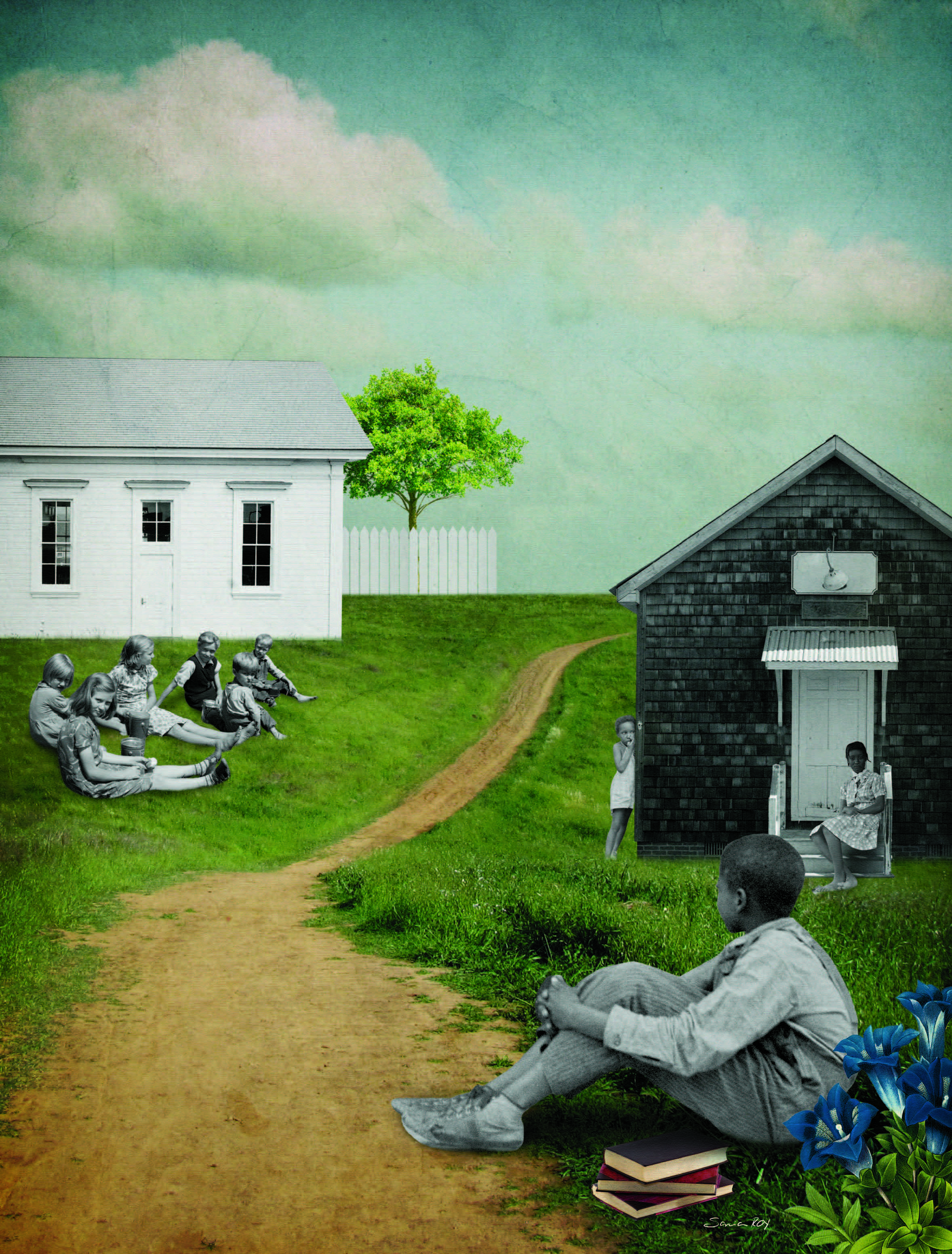 Photo illustrée où des enfants sont assis sur le sol devant une maison blanche, alors que deux enfants noirs se tiennent près d’une ancienne école. À l’avant-plan, un jeune élève noir est assis sur le sol, près du chemin, avec ses livres. Il regarde les enfants de race blanche.