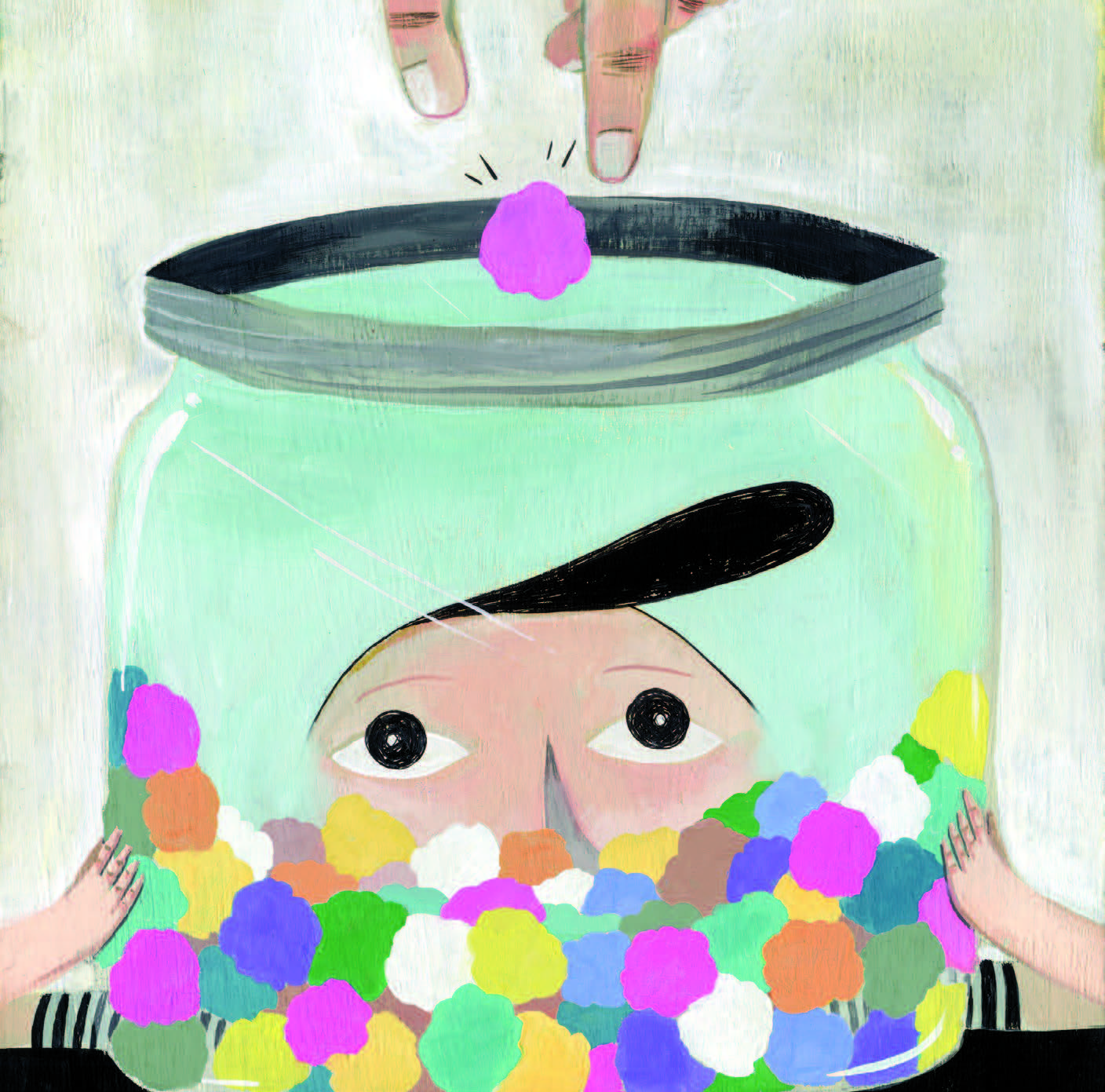 Illustration d’un élève qui regarde dans un pot rempli de pompons de couleurs variées.