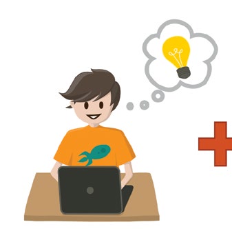 Illustration d’un élève assis qui utilise un ordinateur portable. Il a une idée, représentée par un ampoule électrique dans une bulle.