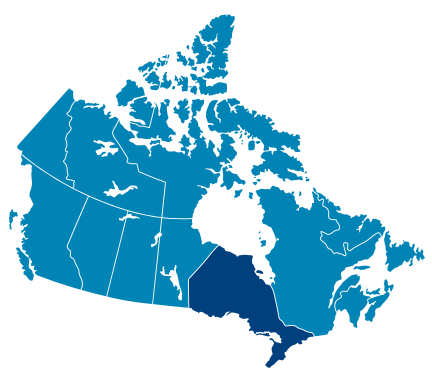 Illustration d’une carte du Canada, en bleu. L’Ontario figure en bleu foncé.