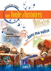 Illustration de la couverture du recueil Une foule d’histoires 4 : Pour les fins et les fous. Des valises et les mots «…dans ma valise» donnent un avant-goût de l’aspect humoristique des histoires.