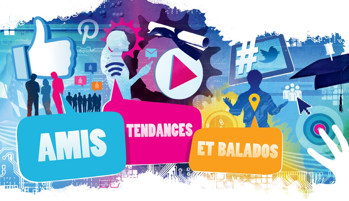 Illustration montrant trois bulles avec les mots «amis», «tendances», «et balados». À l’arrière-plan, des silhouettes de personnes, des logos de communication, des symboles d’éducation et des circuits électroniques figurent de toutes couleurs.