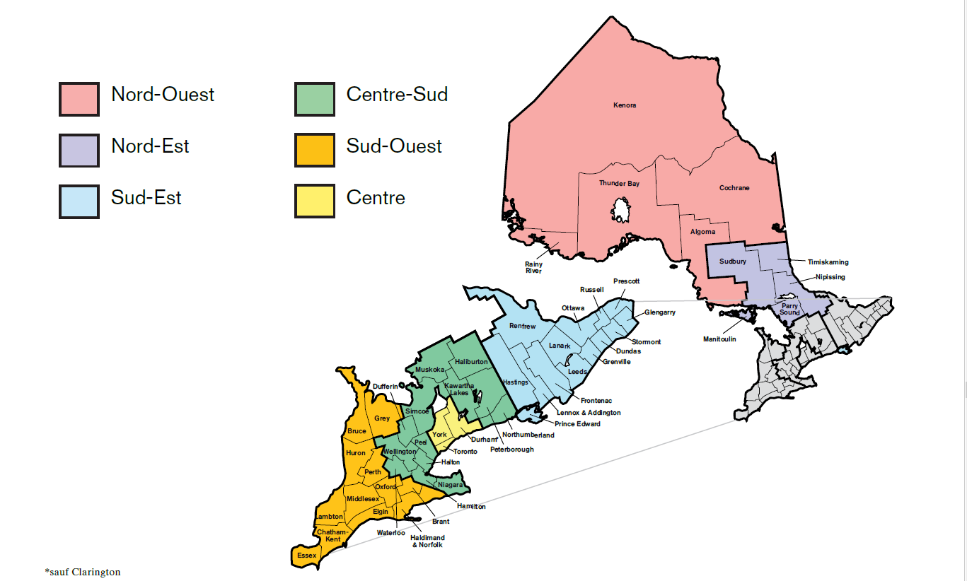 Illustration de la carte électorale de l’Ordre des enseignantes et des enseignants de l’Ontario. La province est divisée en six sections : le Nord-Ouest, le Nord-Est, le Sud-Est, le Centre-Sud, le Sud-Ouest et le Centre. Chacune des sections comprend les régions suivantes : le Nord-Ouest – Kenora, Rainy River, Thunder Bay, Cochrane et Algoma; le Nord-Est – Sudbury, Timiskaming, Nipissing, Parry Sound et Manitoulin; le Sud-Est – Glengarry, Prescott, Stormont, Dundas, Grencille, Leeds, Lananrk, Ottawa, Russell, Renfrew, Hastings, Frontenac, Lennox et Addington et Prince-Édouard; le Centre-Sud – Haliburton, Muskoka, lacs Kawartha, Simcoe, Peel, Wellington, Waterloo, Haldimand et Norfold, Niagara et Northumberland; le Sud-Ouest – Grey, Bruce, Huron, Perth, Oxford, Brant, Haldimand et Norfolk, Waterloo, Elgin, MIddlesex, Lambton, Chatam-Kent et Essex;
le Centre – York, Toronto et Durham.