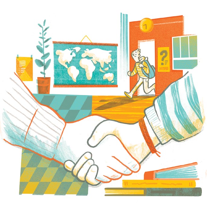 Illustration d’un élève qui entre dans une salle de classe. Une poignée de mains figure à l’avant-plan. Une carte géographique du monde est accrochée au mur; une plante, une horloge et un babillard font partie du décor de la salle.