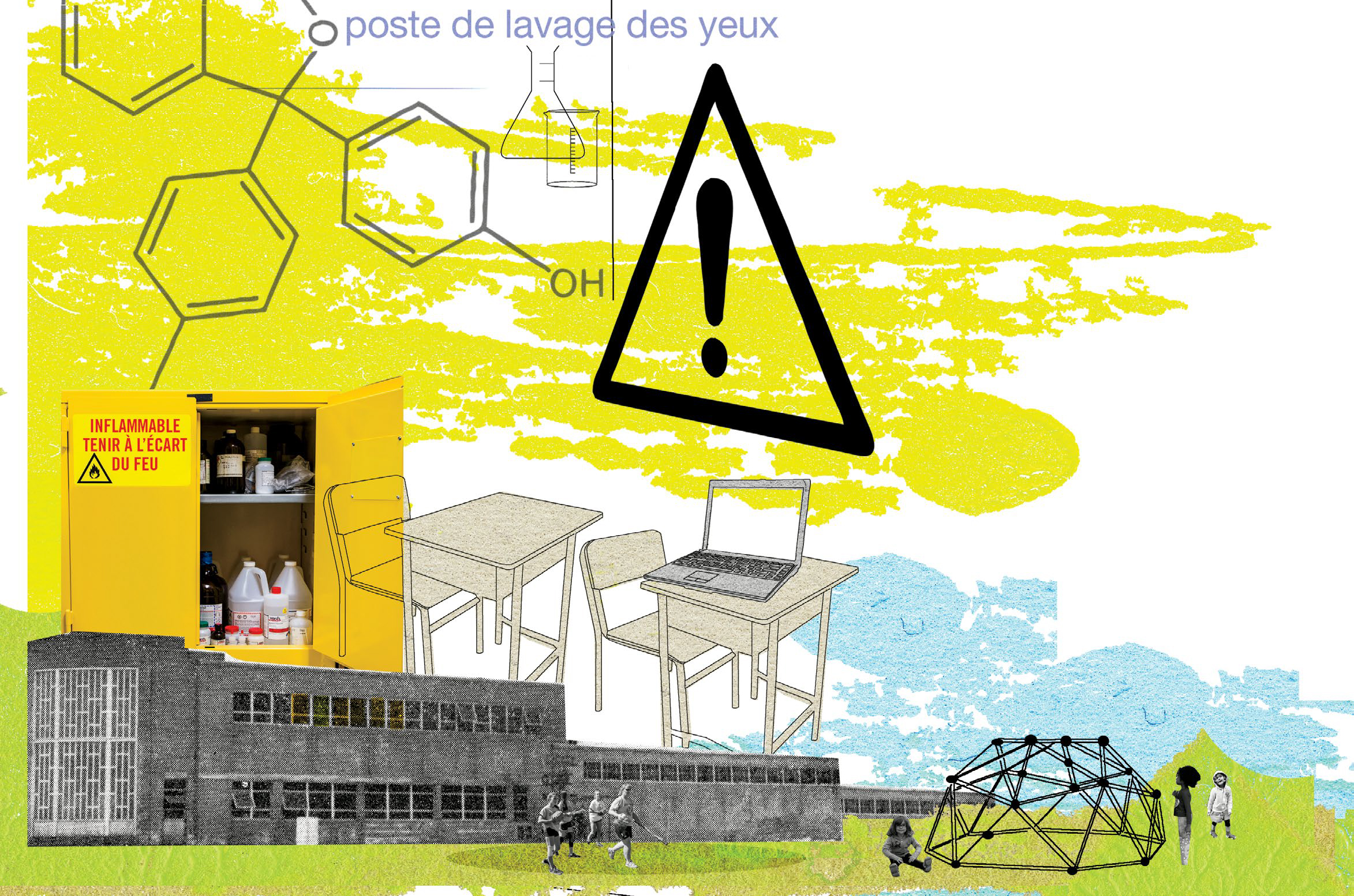 Photo illustrée d’une école, de pupitres et de chaises, d’un cabinet rempli de produits chimiques inflammables, d’un panneau signalisant le danger et d’une composition moléculaire. Trois jeunes enfants jouent près d’un dôme géodésique.