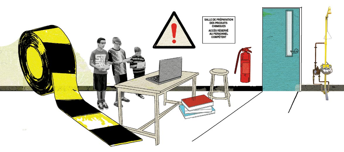Photo illustrée de trois élèves travaillant à un projet de sciences. Un tabouret, une table, des livres, un rouleau de ruban de caution, un panneau signalisant le danger, un extincteur chimique, une porte de sortie font partie de la scène.