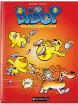 Illustration de la couverture d’une bande dessinéeBiBop : Attention, j’arrive! Trois canards, pris par surprise, sont renversés par un chien chevauché par un chat.