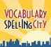 Une icône représente l’application «VocabularySpellingCity» par le titre sur un arrière-plan de soleil levant et de panorama urbain.