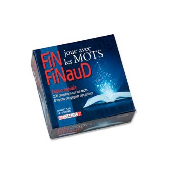 Illustration de la couverture du jeu Fin Finaud joue avec les mots. Le titre est en rouge et des lettres jaillissent d’un livre ouvert blanc sur fond bleu.