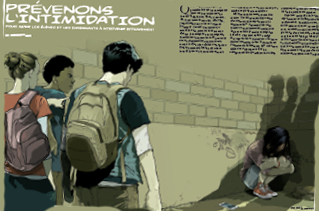 Illustration de l’article «Prévenons l’intimidation» publié dans <em>Pour parler profession</em></em>.Illustration de l’article «Mini questionnaire avec Graham Fraser» publié dans<em>Pour parler profession</em></em>.