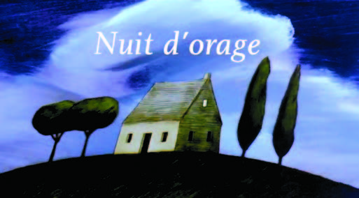Illustration de la couverture du film d’animation Nuit d’orage où figure une petite maison encadrée d’arbres, sur une colline, sous un ciel orageux.