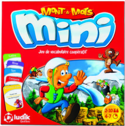 Illustration de la couverture du jeu coopératif Mont-à-mots Mini qui montre un personnage souriant saluant de la main, des animaux et des cartes.