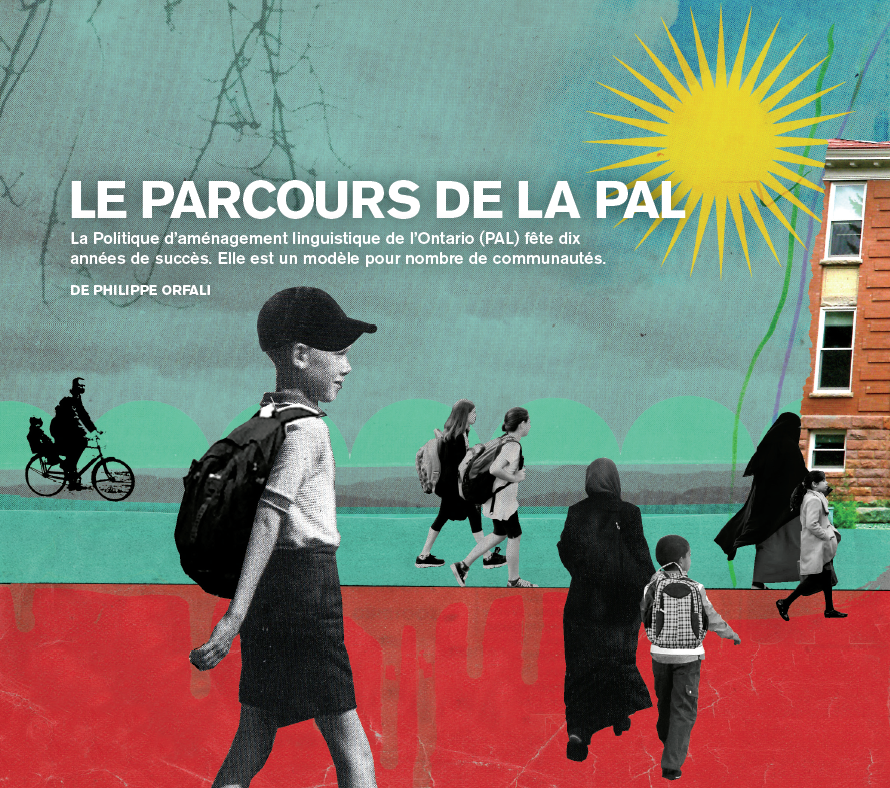 Photo illustrée d’un garçon portant sac à dos et casquette. De nombreux élèves, parfois accompagnés d’un parent, marchent en direction de l’école. Des membres du personnel de l’école les accueillent. Des pièces de couleurs variées, semblables à du papier de soie, sont superposées à l’école.