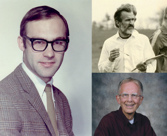 Collage de trois photos. Du coin supérieur droit, en tournant vers la droite : Tom Lawson, Brian Harvey et Ron Saunders.