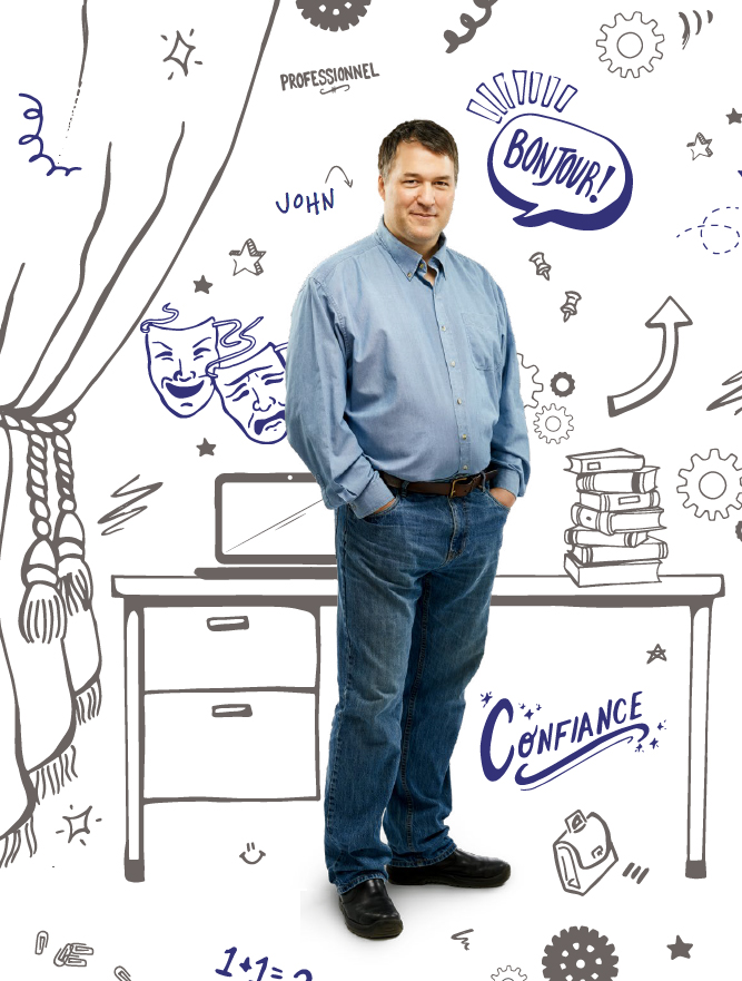 Photo illustrée d’un enseignant souriant, debout, les mains dans les poches de son jean. Sur un fond blanc recouvert de dessins représentant un bureau, des livres, des masques de théâtre et des draperies, les mots illustrés «professionnel», «confiance» et «bonjour» entourent l’enseignant.