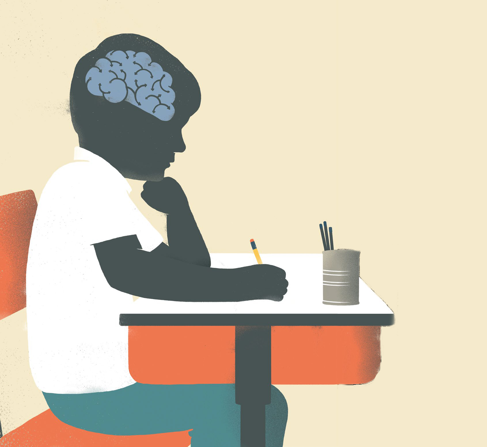Illustration d’un élève assis à son pupitre. Il s'est appuyé le menton sur le poing et il tient un crayon de l’autre main. Illustration d’un cerveau superposé sur la tête de l’enfant.