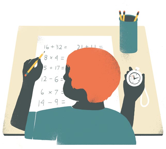 Illustration d’un enfant tentant de résoudre des problèmes mathématiques avec un chronomètre en main.